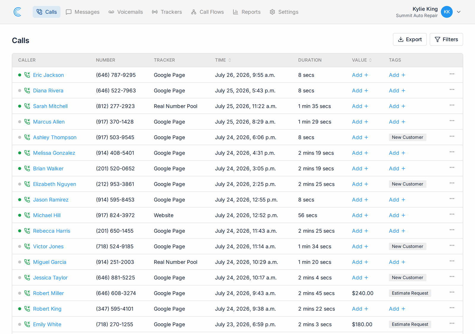 Call log with review indicators, call tagging, and call values