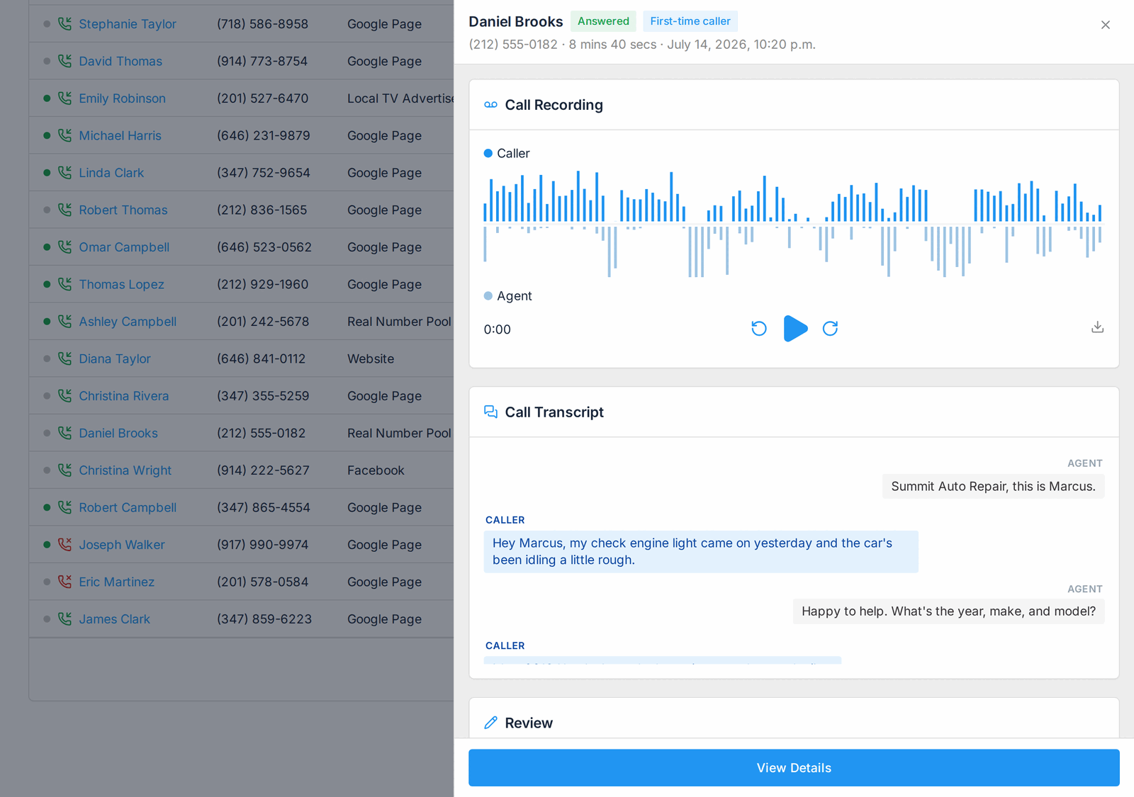 Call Review panel showing the call recording waveform and transcript