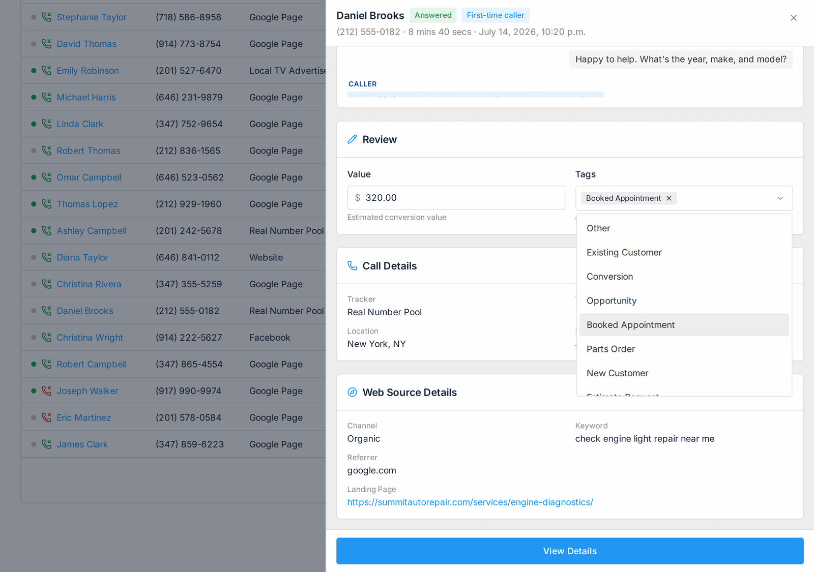 Setting a call value and choosing tags in the Call Review panel