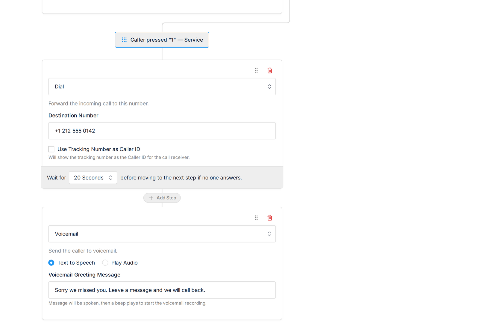 A menu branch opened as a sub-flow, dialling a number then falling through to voicemail