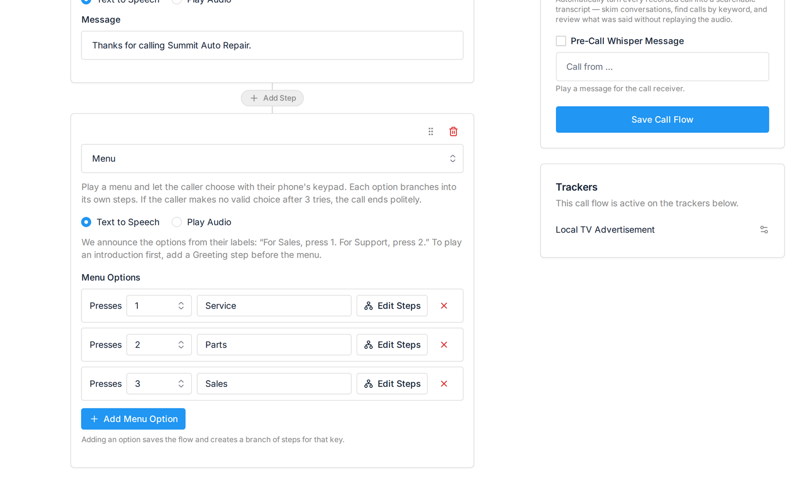 Menu step in the Call Tracker call flow builder with three keypad options