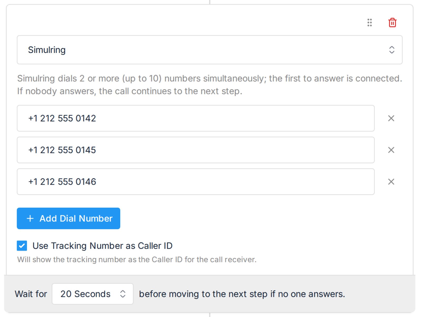 A Simulring step in the Call Tracker call flow builder ringing three numbers at once