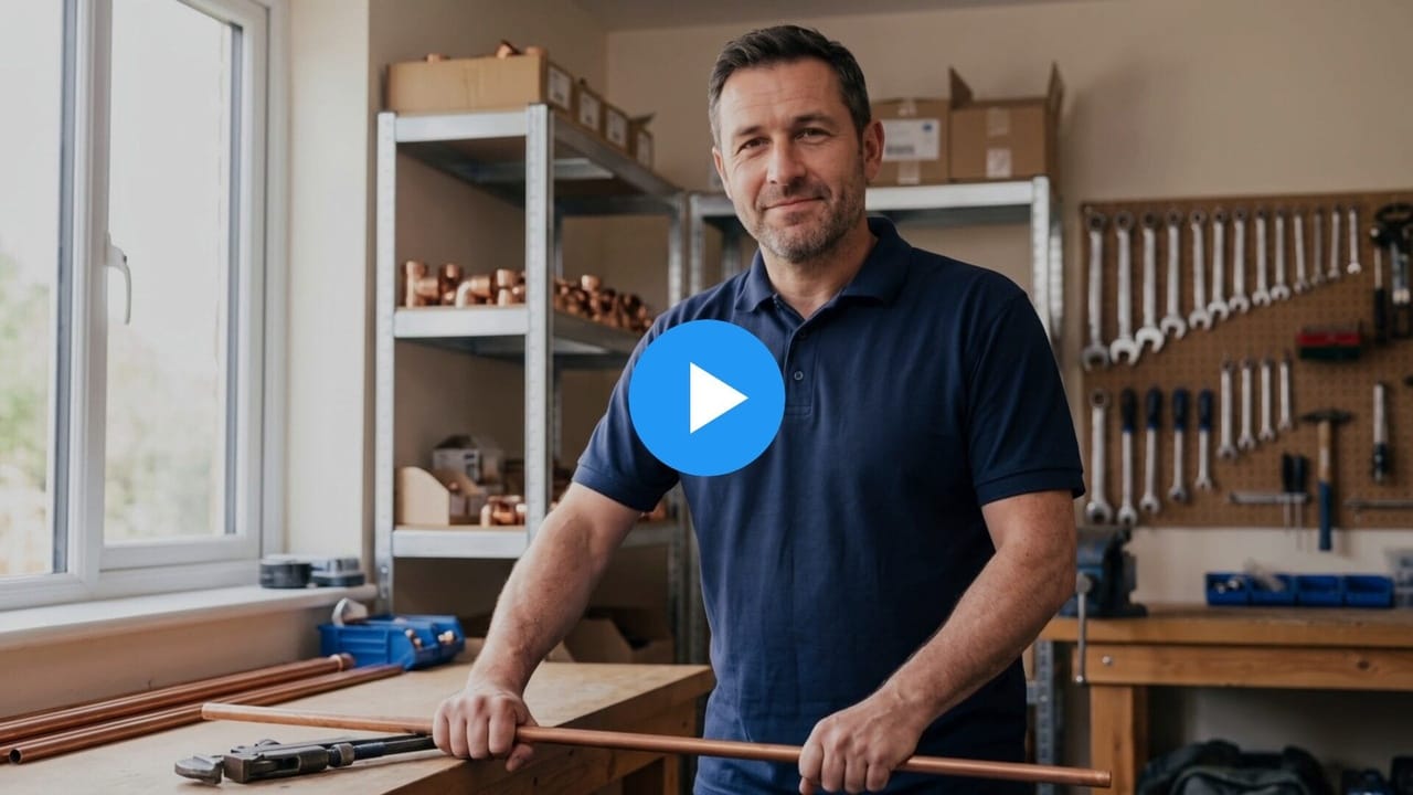 Sam, a heating and plumbing business owner, at his workbench