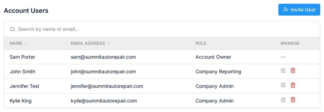 The Account Users page listing team members with their email address and role
