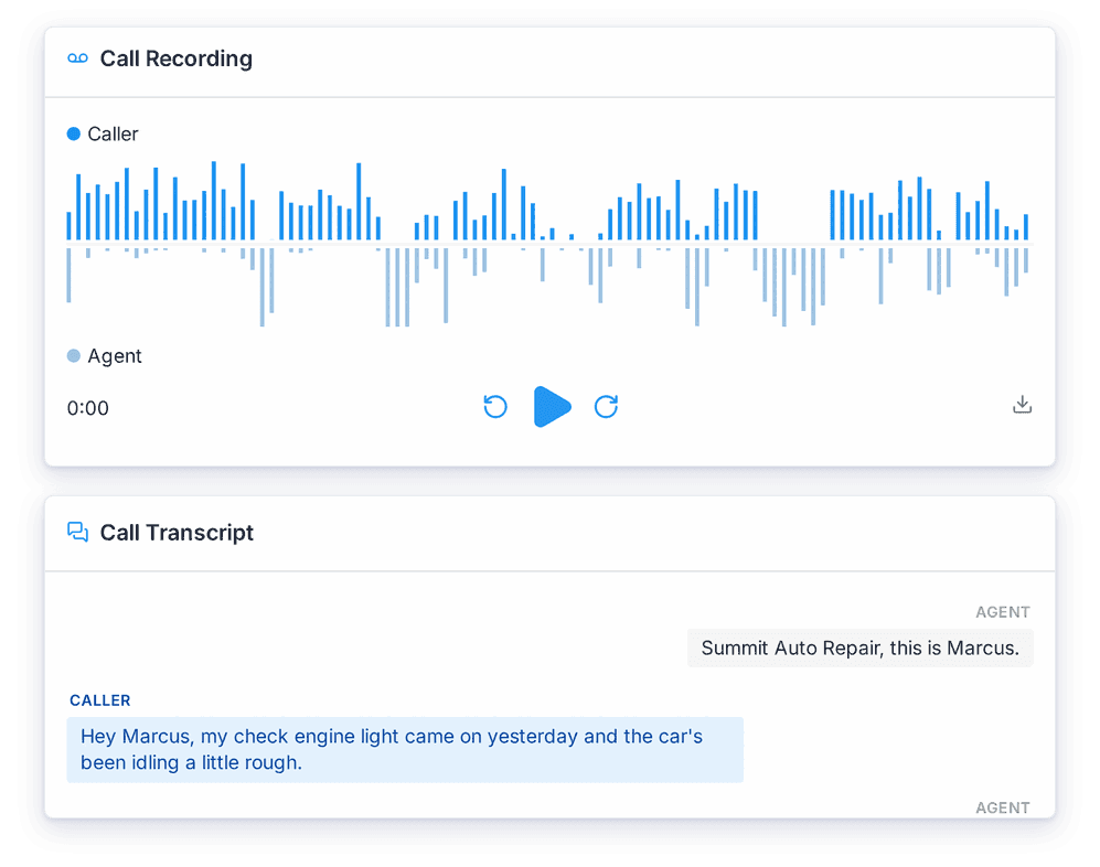 A call opened for review, with its recording waveform above the transcript