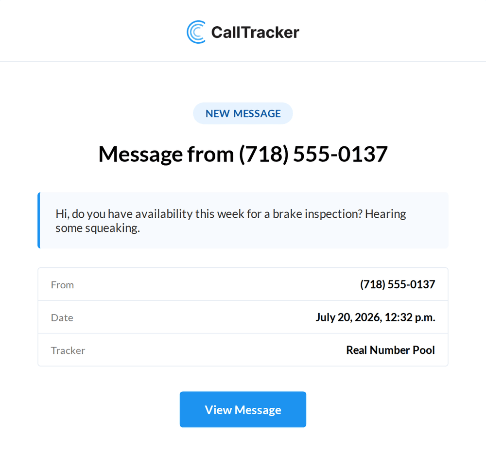 A new message notification email showing the text message, the sender, the date and the tracker