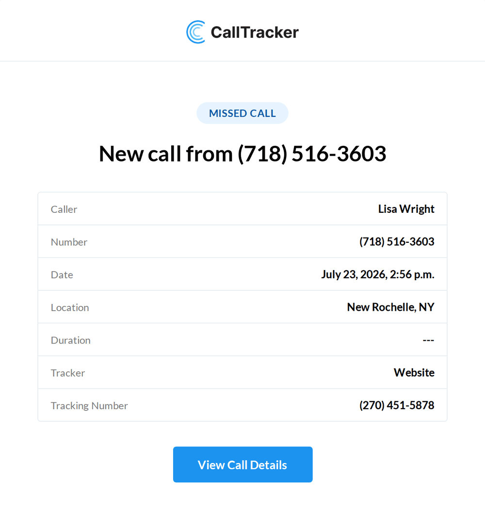 A missed call notification email showing the caller, number, date, location, tracker and tracking number