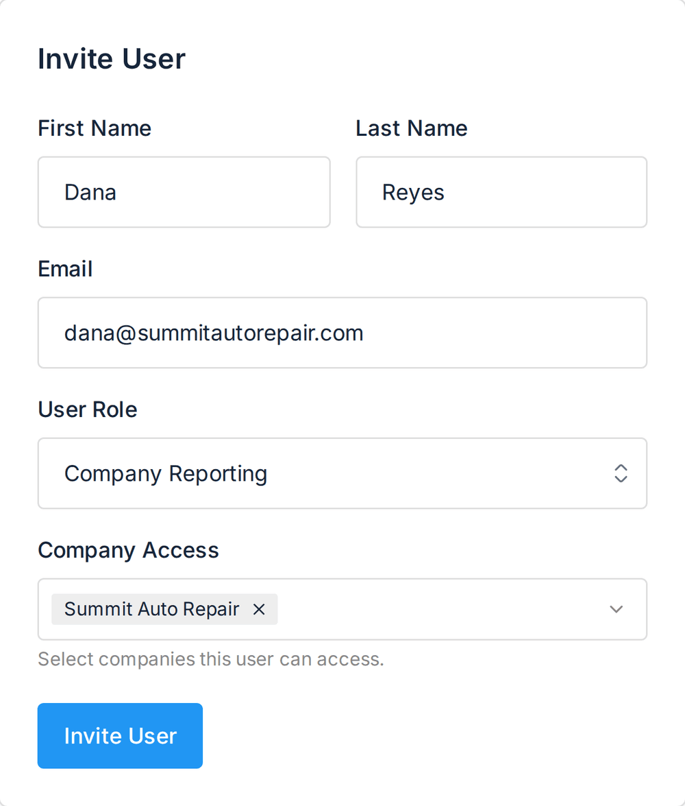 The Invite User form with a name, an email address, the Company Reporting role and access to one company