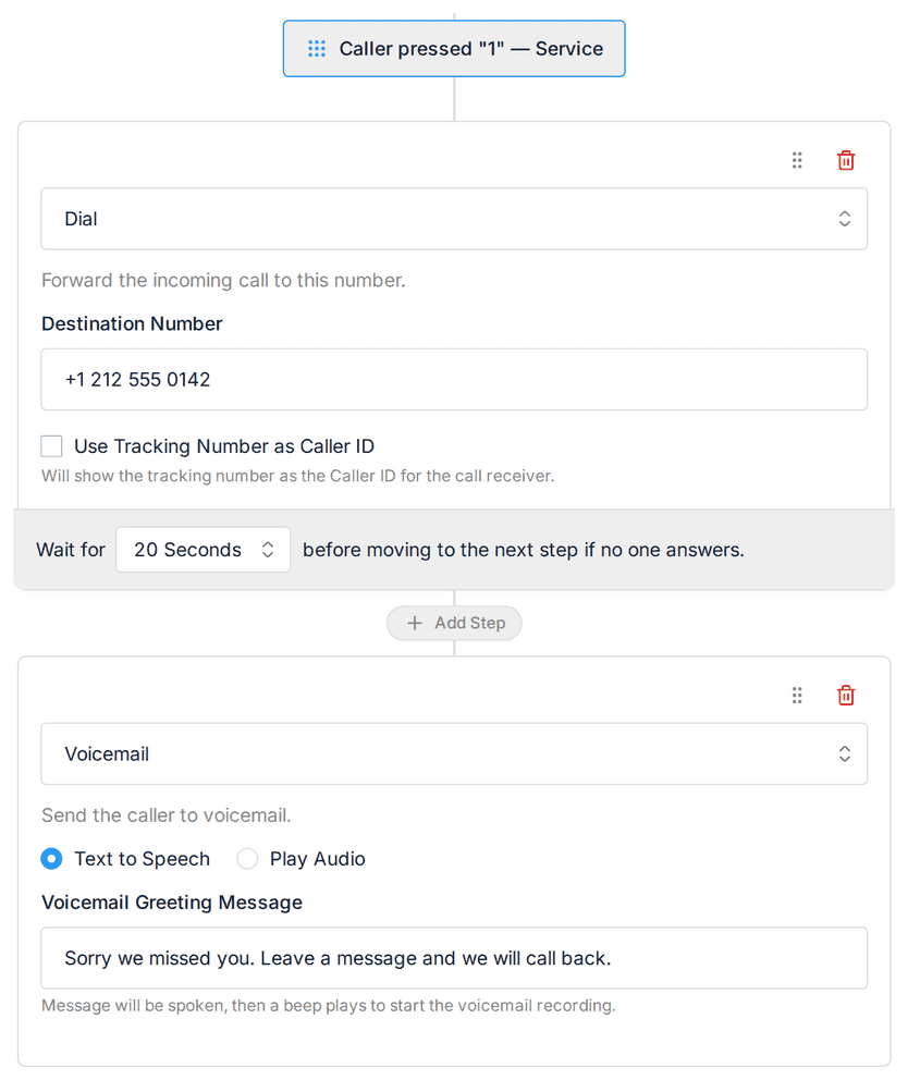 A menu branch opened as a sub-flow, dialling a number then falling through to voicemail