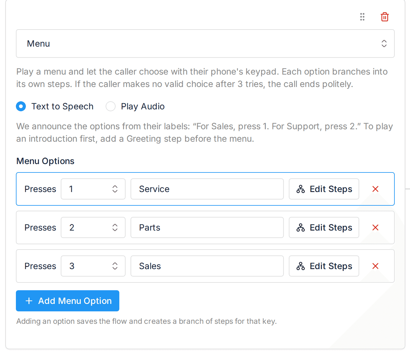 Menu step in the Call Tracker call flow builder with three keypad options