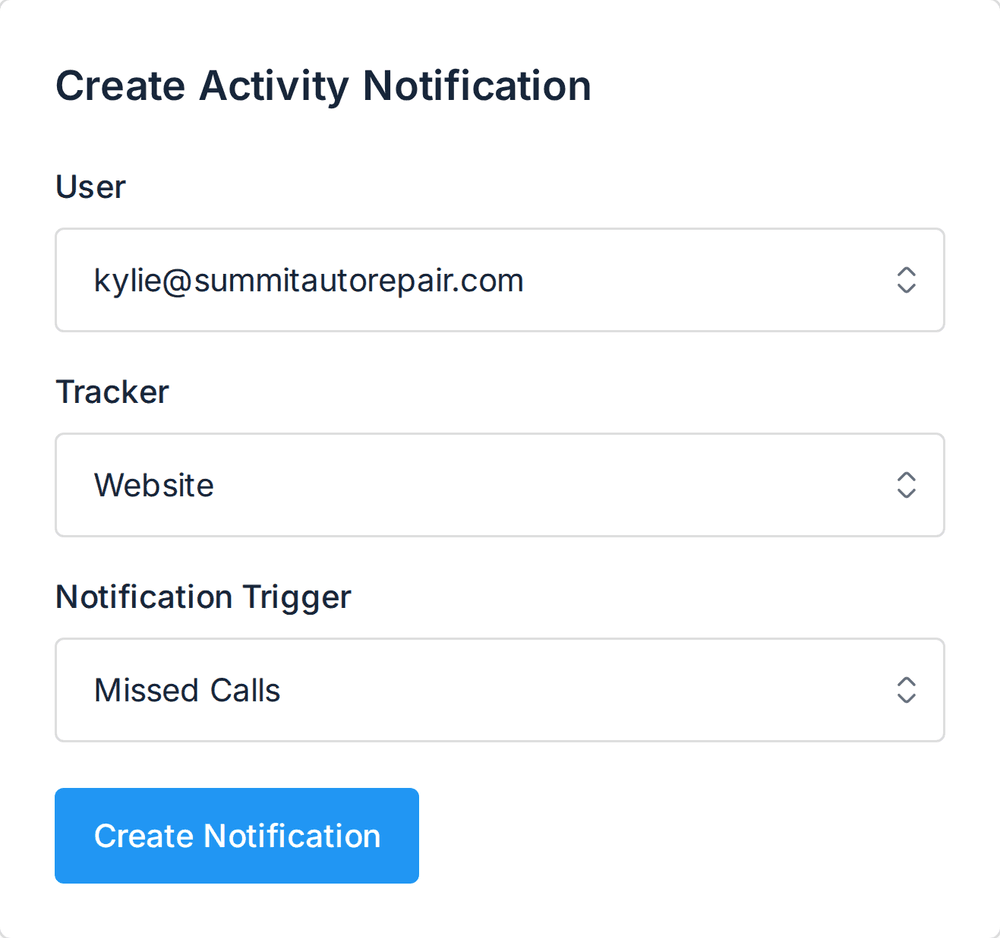 The Create Activity Notification form with a user, the Website tracker and the Missed Calls trigger selected