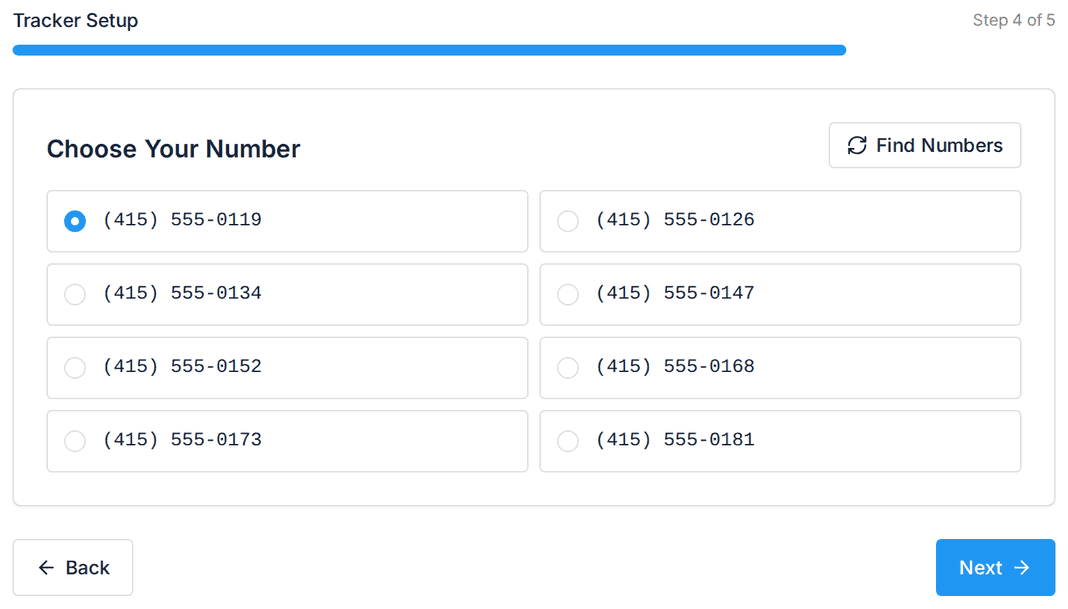 Choosing a local or toll-free tracking number in the tracker setup