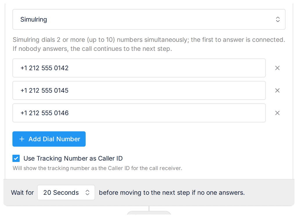 Simulring step settings for ring time and caller ID