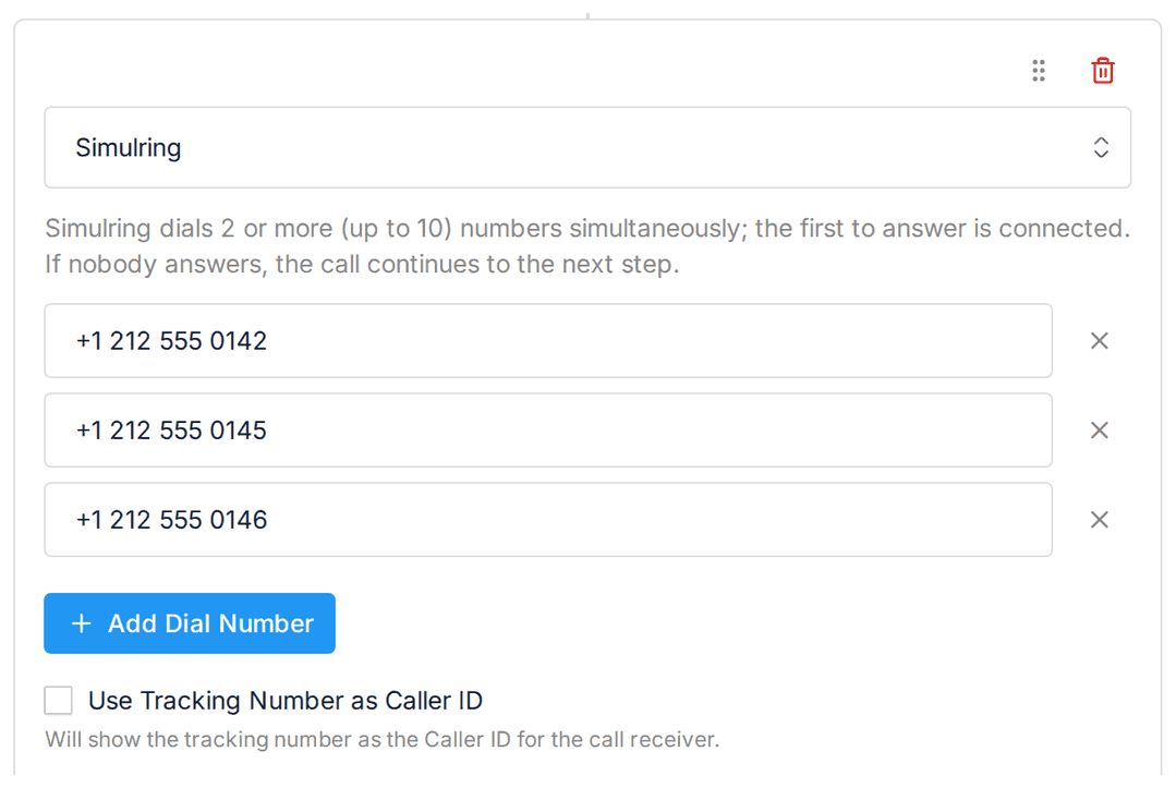 A call flow with a greeting followed by a Simulring step ringing three numbers