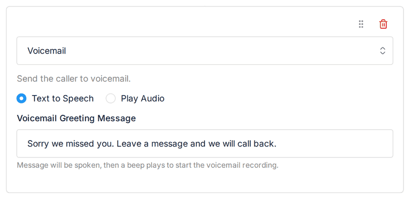 A Voicemail step in a call flow with its greeting message