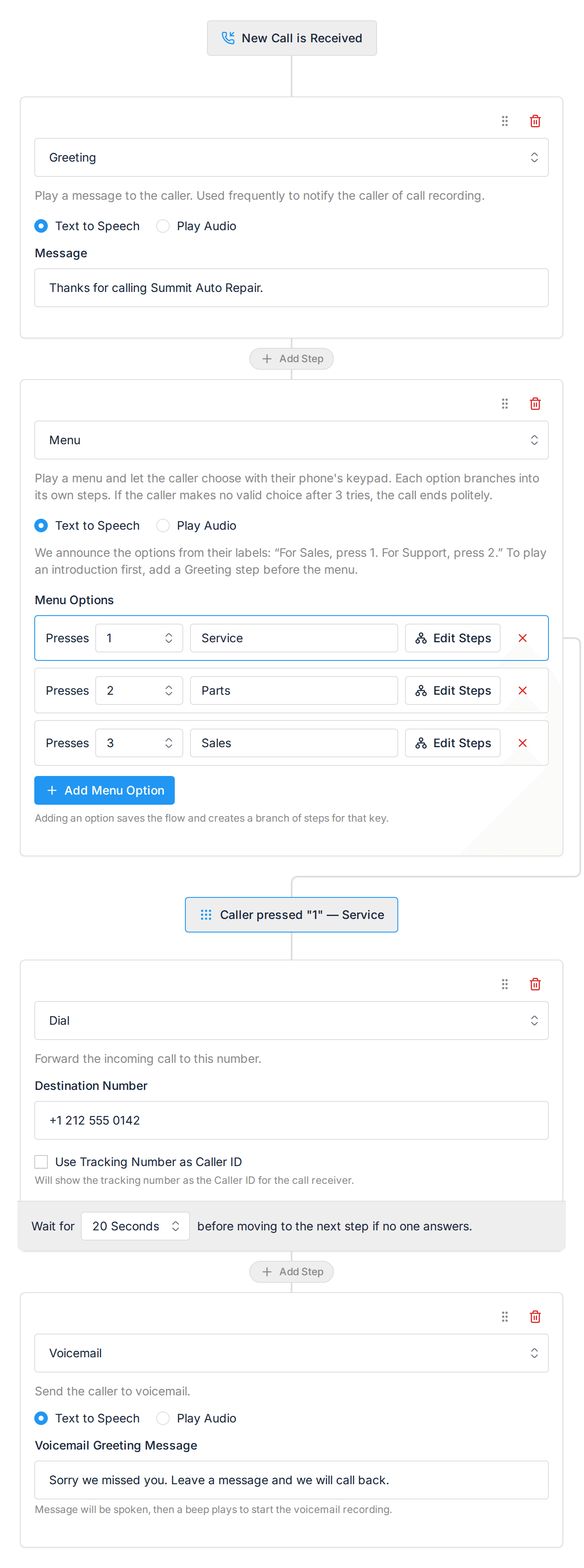 The Service option of an IVR menu dialling the workshop and then taking a voicemail