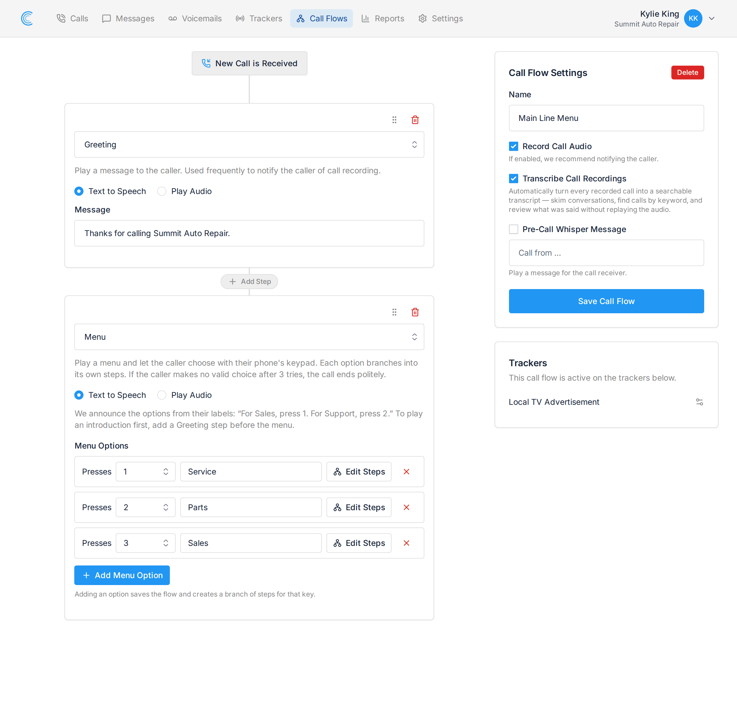 Call Tracker IVR menu with three keypad options