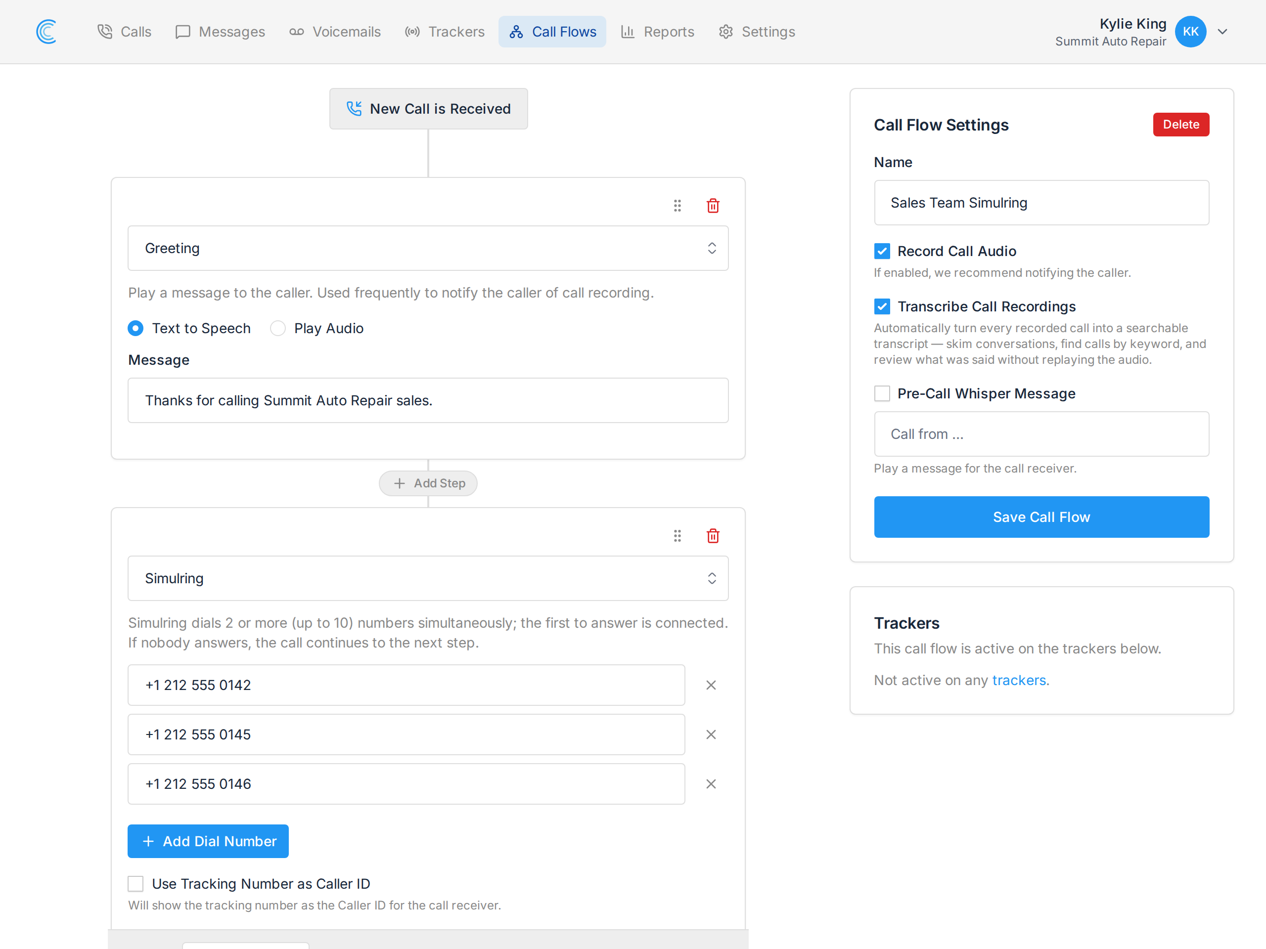 Call Tracker call flow with a greeting followed by a Simulring step ringing three numbers