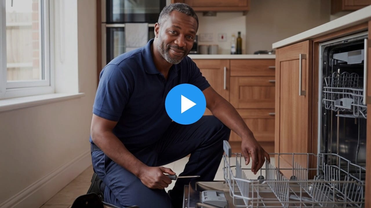 Marcus, an appliance repair business owner, kneeling at an open dishwasher