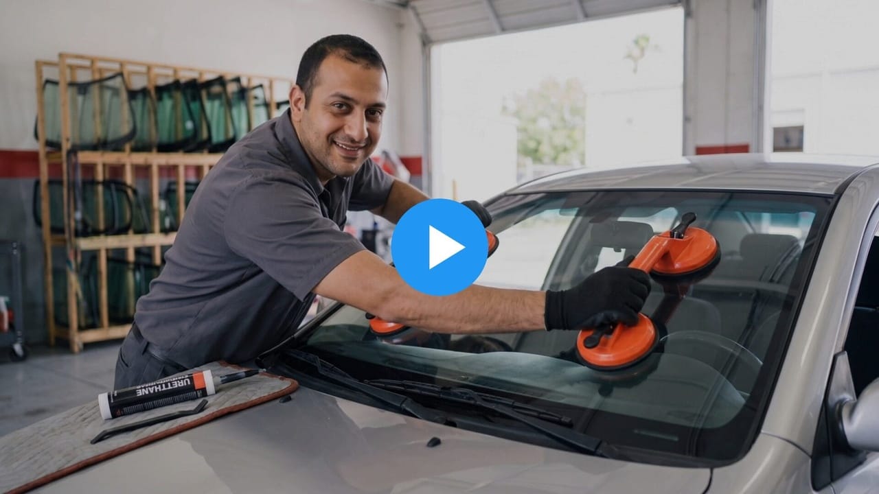 Tony, an auto glass business owner, fitting a new windshield to a car