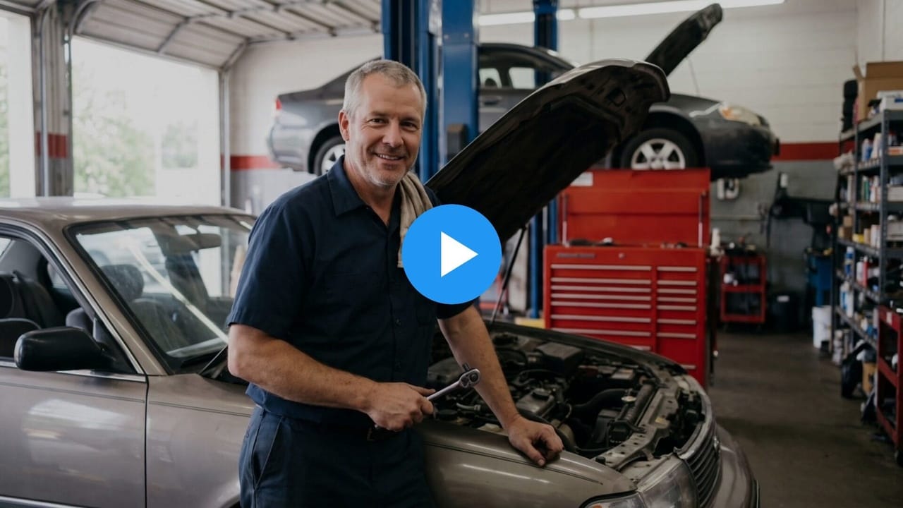 Dave, an auto repair shop owner, at the open hood of a car in his shop