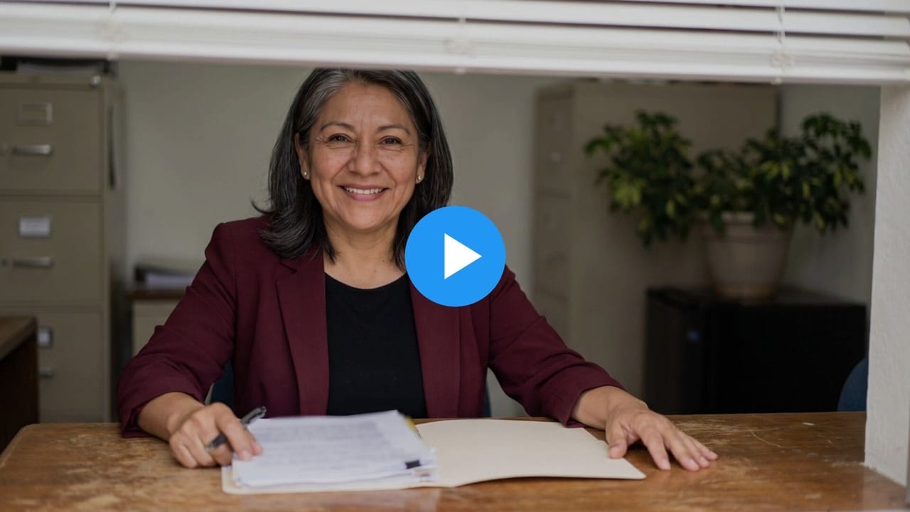 Rita, a bail bonds business owner, at the desk in her office