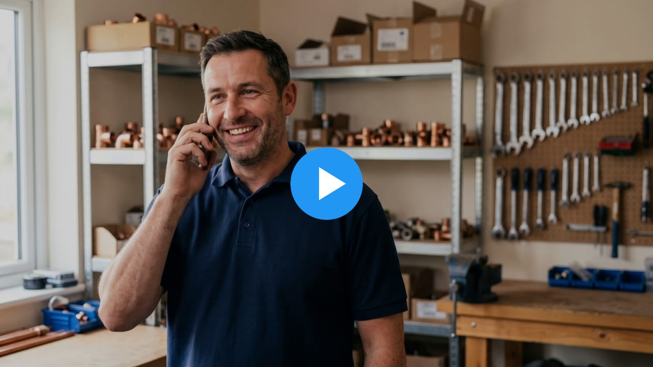 Sam, a heating and plumbing business owner, on the phone in his workshop