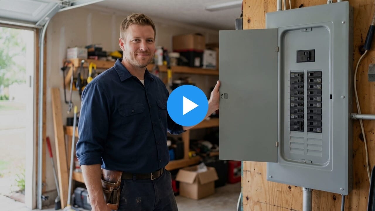 Jake, an electrician, beside an open breaker panel