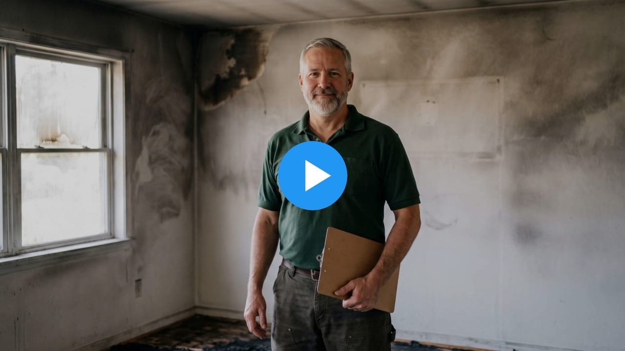 Greg, a fire damage restoration owner, in a smoke-damaged room