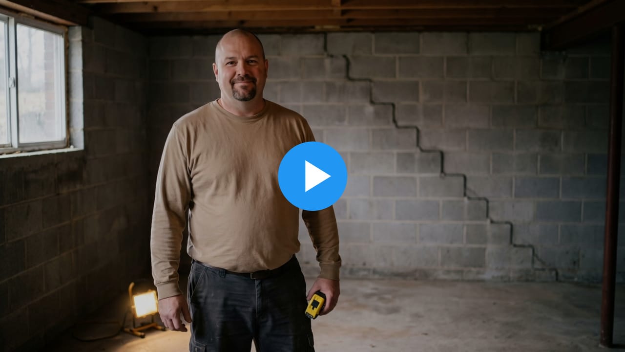 Frank, a foundation repair owner, beside a cracked basement wall