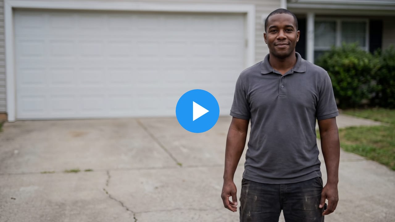 Carl, a garage door company owner, on a driveway in front of a garage door