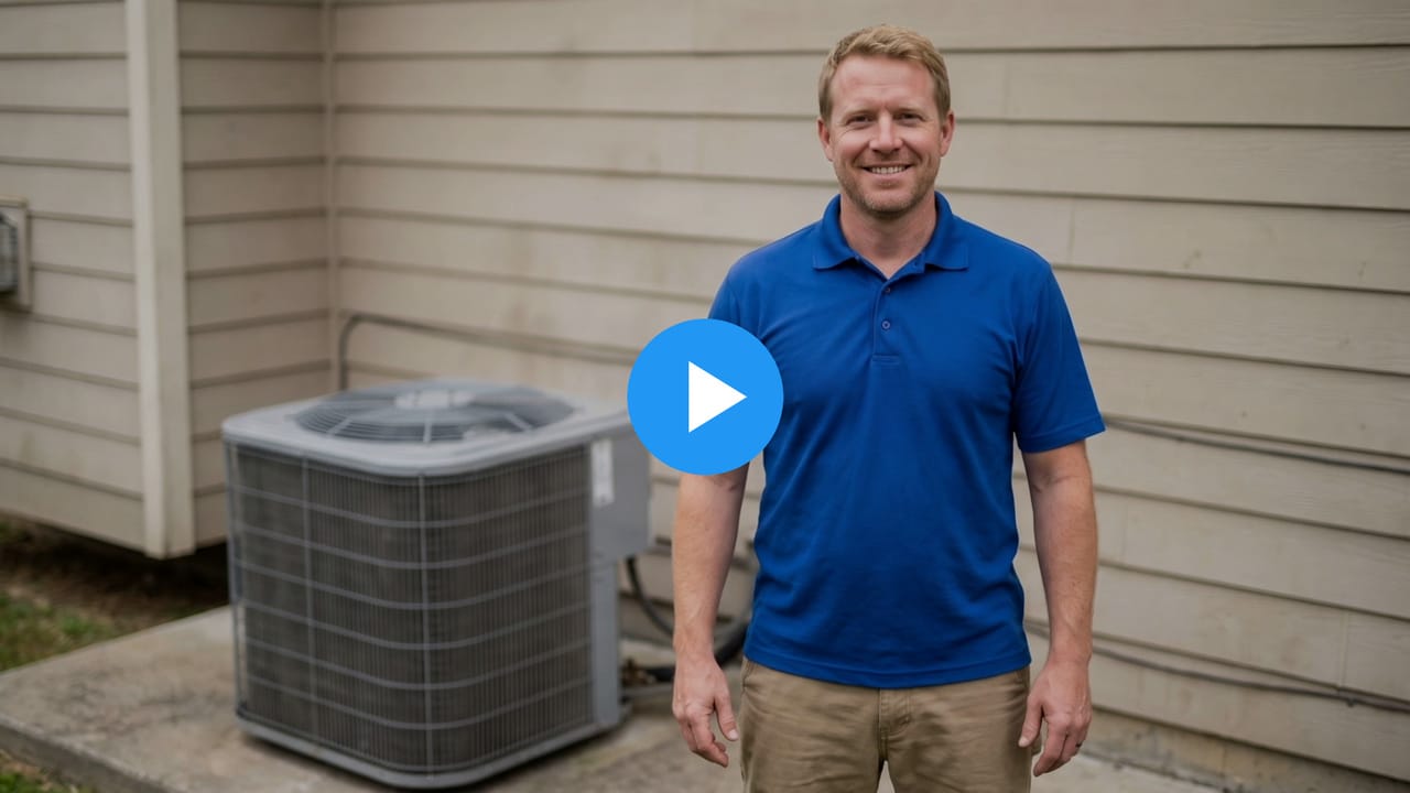Brian, a heating and air company owner, beside an outdoor air conditioner unit