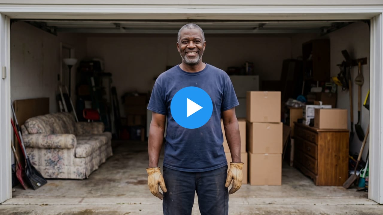 Ray, a junk removal company owner, in front of a cluttered garage