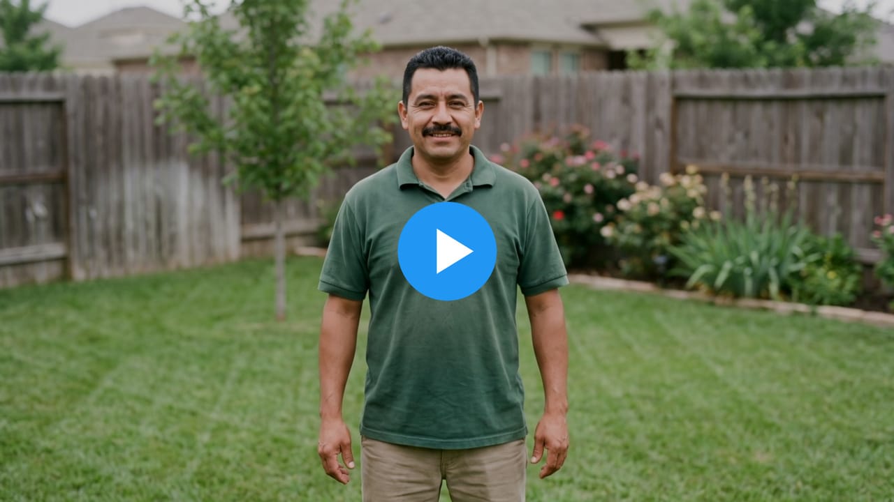 Hector, a landscaping company owner, on a freshly mown lawn