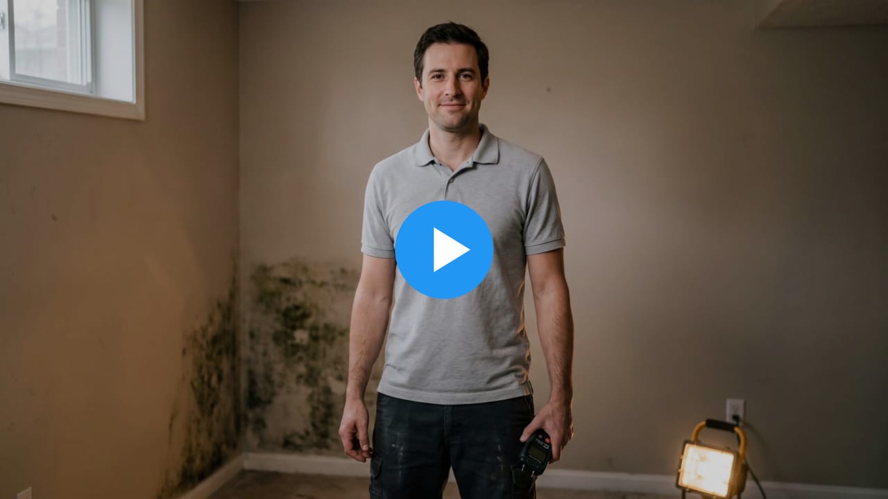 Kevin, a mold removal company owner, in a basement with a mold-stained wall