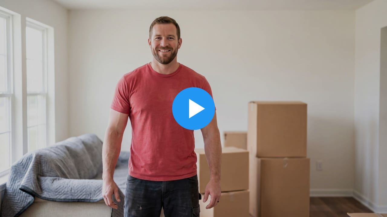 Matt, a moving company owner, in a living room stacked with moving boxes