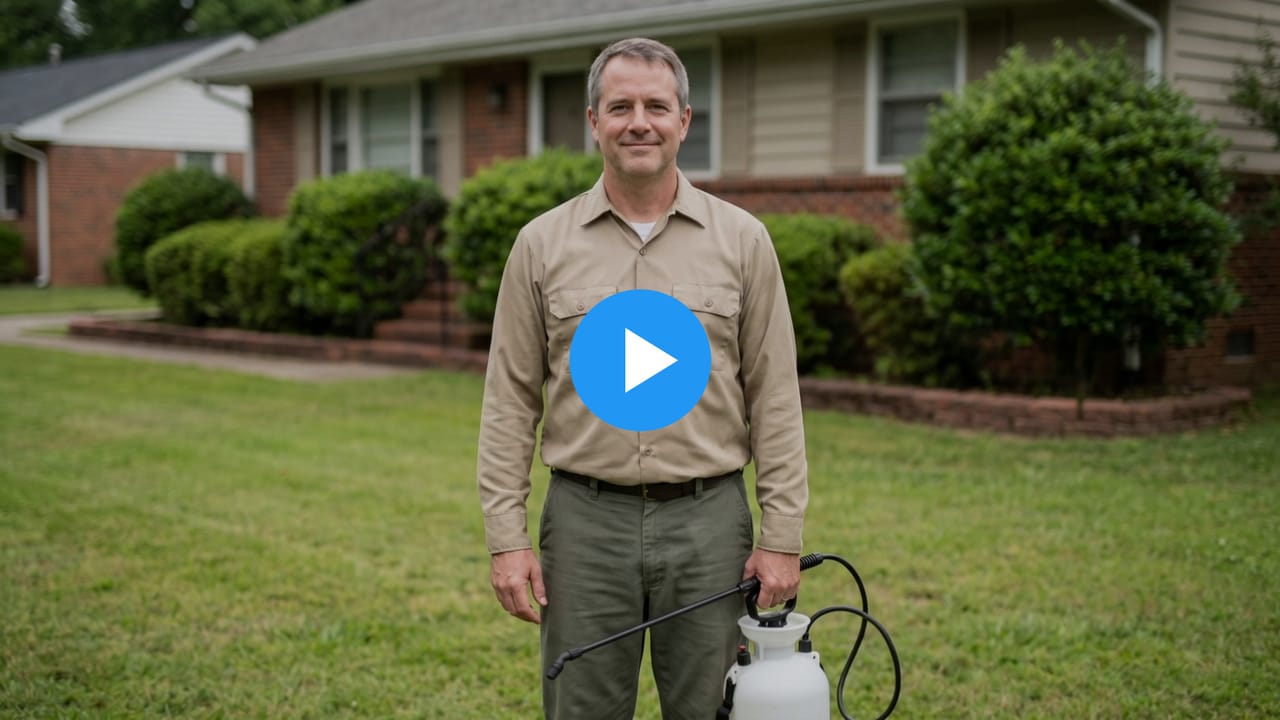 Scott, a pest control company owner, on a lawn beside a house