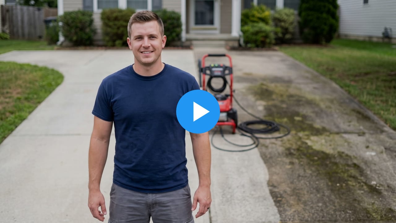 Tyler, a pressure washing company owner, on a half-cleaned driveway