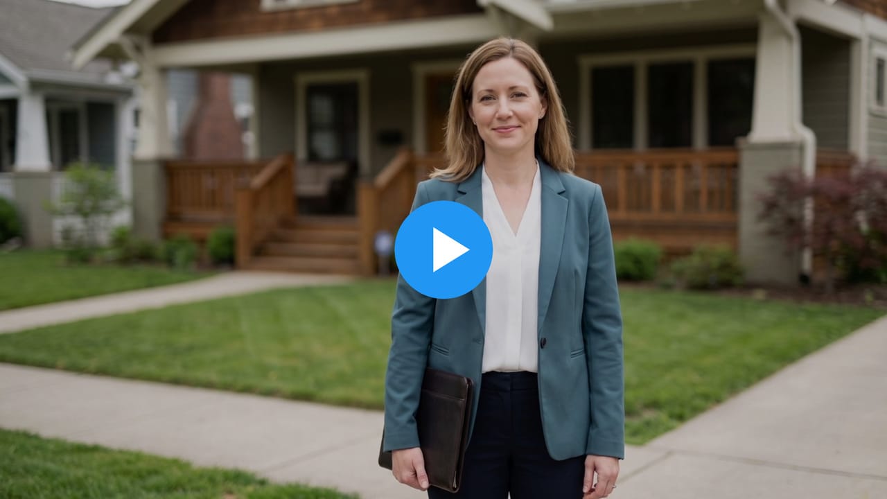 Sarah, a real estate agent, on the front walkway of a house