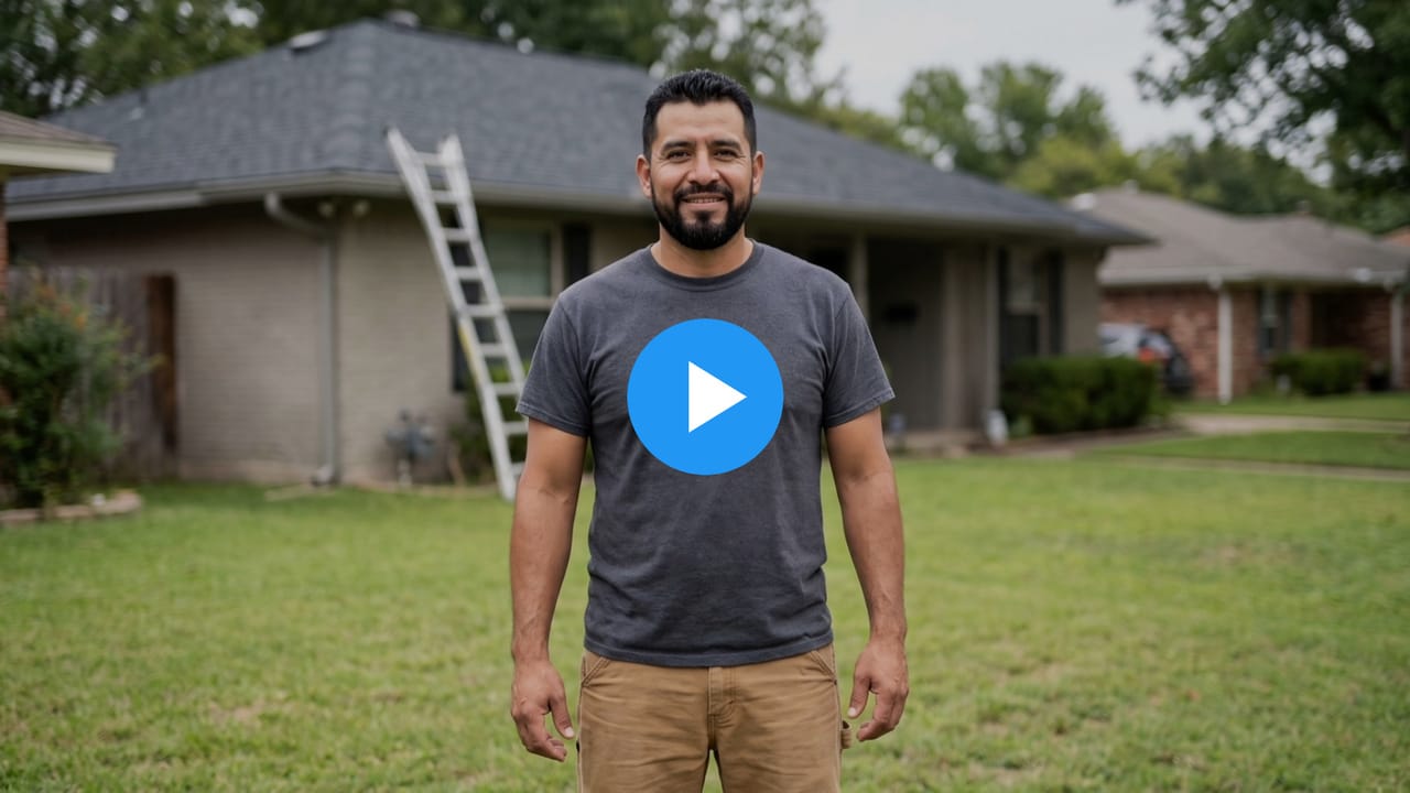 Carlos, a roofing company owner, in front of a house with a new shingle roof