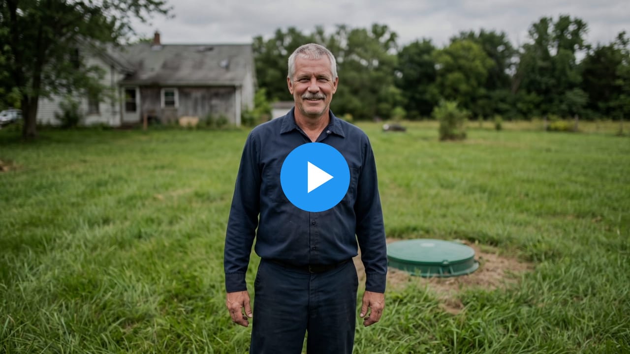Wayne, a septic service owner, in a back yard beside a septic tank lid