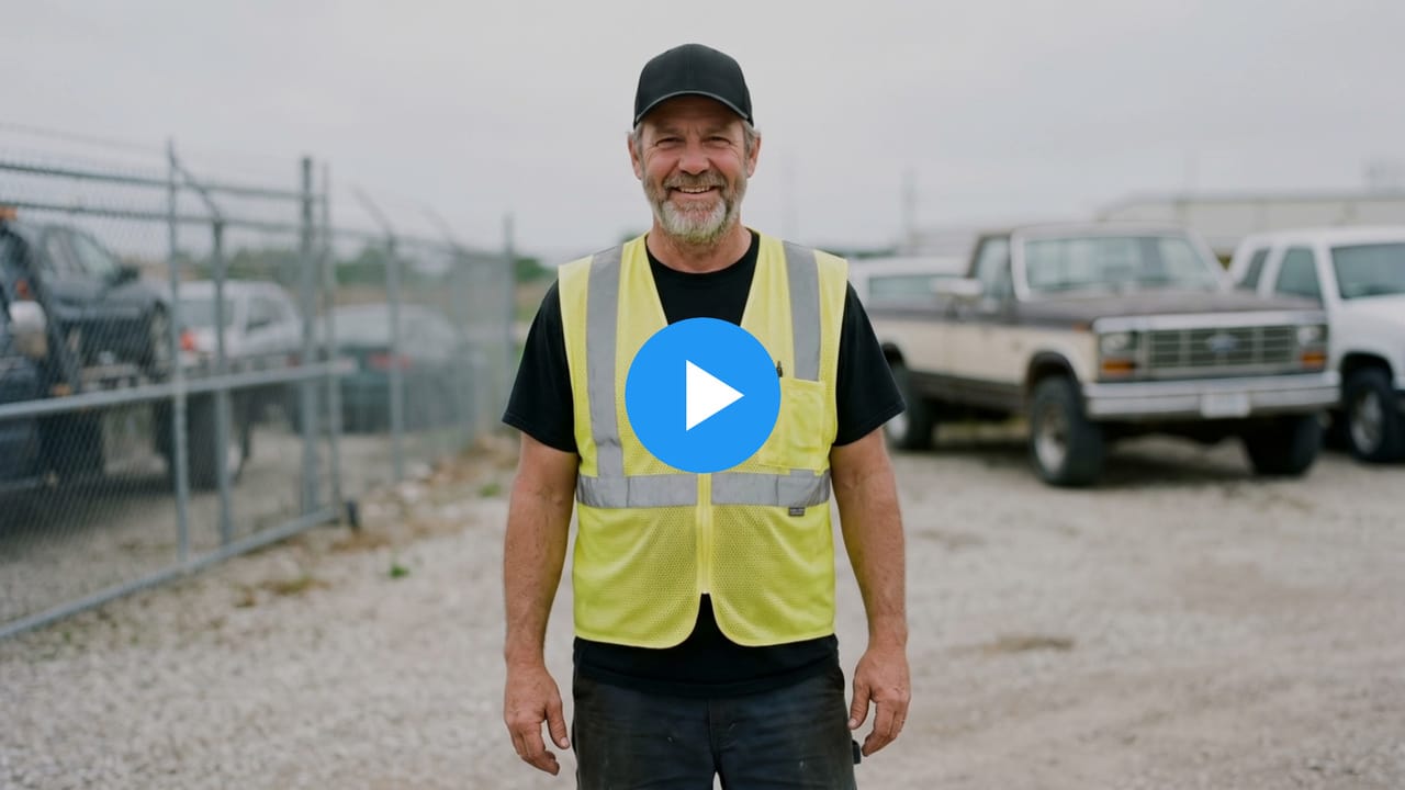 Doug, a towing company owner, in a tow yard in a safety vest
