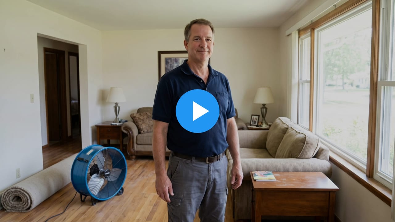 Jeff, a water damage restoration owner, in a living room beside a drying fan